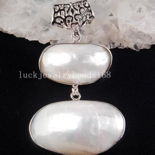 Free Shipping Women Fashion Jewelry 36x59x11mm Beautiful White Mother of pearl Shell Oval Pendant Bead C3775