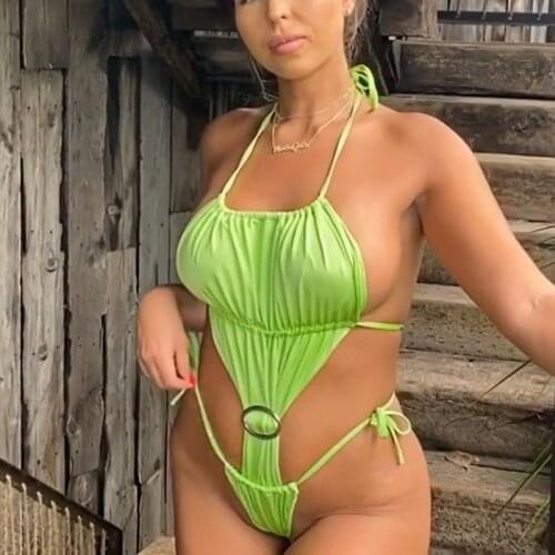 High Cut One Piece Swimsuit Women Solid Halter Ruched Swimwear Open Back Monokini Swimsuit Bathing Suit Beachwear