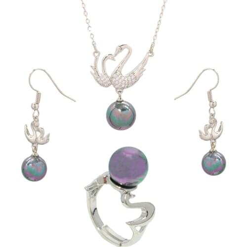 Elegant Swan Malachite Green Shell Bead Necklace Earrings Ring Anniversary Set Temperament Wedding Jewelry Set Bride Bridesmaid