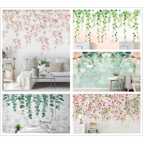 Papel de parede Nordic watercolor flowers and leaves fresh plant 3d wallpaper mural,living room childrens bedroom home decor