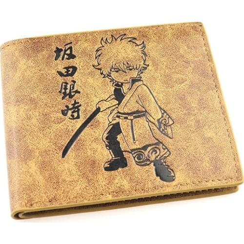 Khaki thin type PU short wallet/purse with Japanese Anime GINTAMA Sakata Gintoki