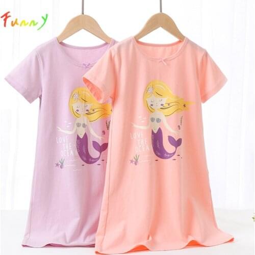 Cotton Kids Nightgown Baby Sleepwear Cartoon Print Round Neck Knee Length Pajama Girl Summer Home Dress Short Sleeve Camisolas
