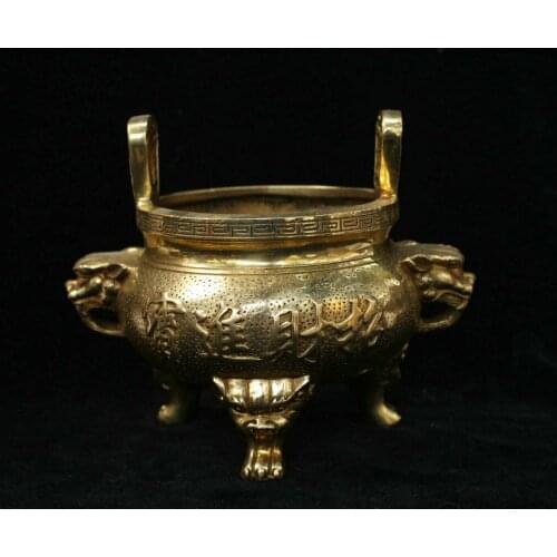 Chinese Buddhism Bronze Brass Lion Beast Statue Incense Burner Censer Marked