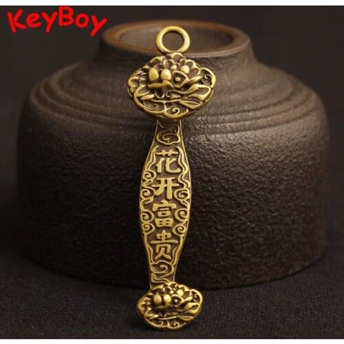 Chinese Lucky Ruyi Keychain Pendant Pure Brass Handmade Crafts Jewelry Vintage Copper Car Key Ring Feng Shui Hanging Charms Gift