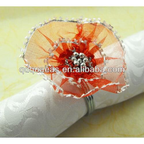Crystal diamond sheet cheap napkin ring red silk flower, napkin holder for wedding