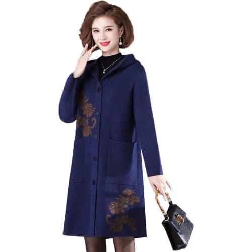 Middle-aged Autumn Winter Women Woolen Jacket 2021High Quality Embroidered Windbreaker Female Casual Hooded Women Wool Coat