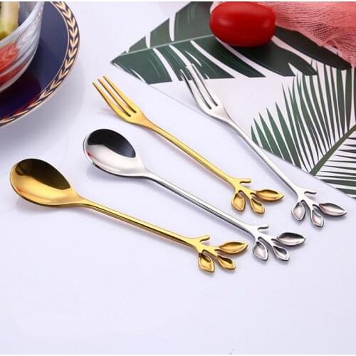 Tea Coffee Spoon Silver Gold Leaves Spoons Fork Long Handle Dessert Stainless Steel Vintage Teaspoons Drink Tableware Tea Set