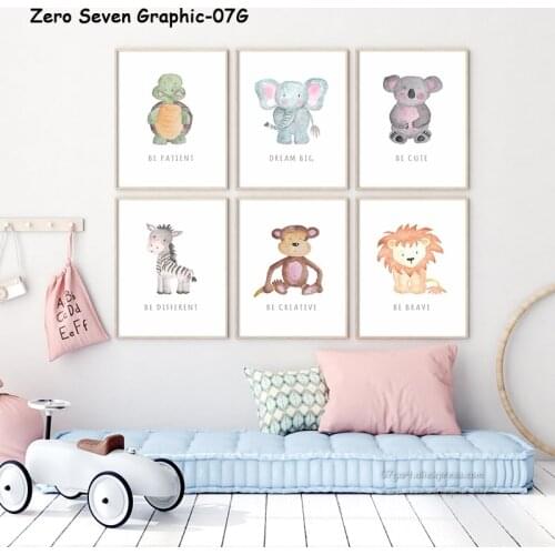 Cute Watercolor Forest Animal Cartoon Lion Koala Tiger Inspirational Pictures Canvas Printing Poster For Kids Room Decoration