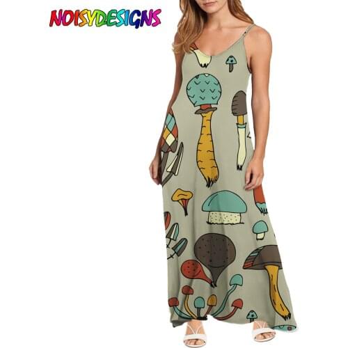 NOISYDESIGNS Chic Summer Beach Sleeveless Long Dress Colorful Mushroom Printed Women Sexy Robe Tunic Long Dresses Dropshipping