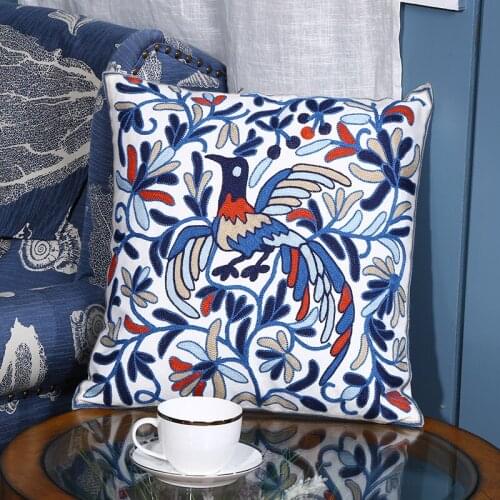 New Embroidered Flower Cotton Cushion Cover Lake Blue Cotton Fleece Modern Geometric Retro Floral Fashion Sofa Pillowcase