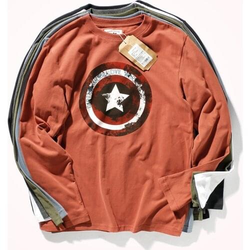 2021 Autumn New American Retro Long-sleeved O-neck Printed T-shirt Mens Fashion Simple Pure Cotton Washed Old Slim Casual Tops