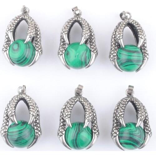 Wholesale 6Pcs Antique Metal Retro Reiki Dragon Claw Pendant Malachite Natural Round Ball Stone Bead Jewelry TN3126