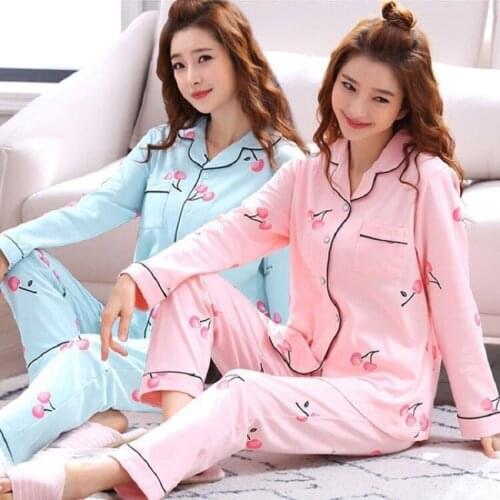 Spring Autumn Women Pajamas Two Pieces Sets Nightdress Sleepwear Female Pajamas Home Clothes Print Sweet Girls Sleepwears