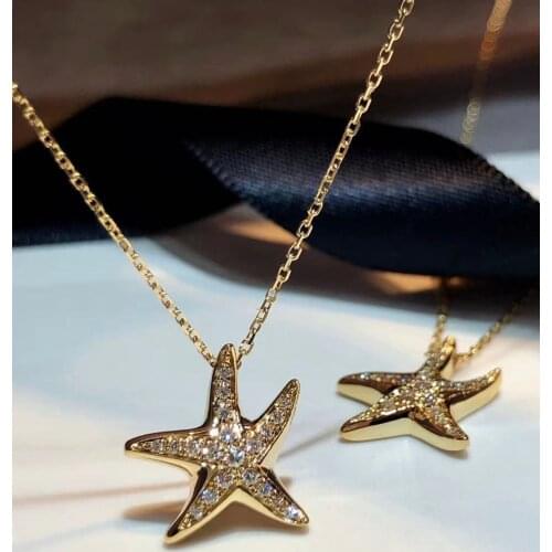 14K Gold Starfish Diamond Pendant Real 925 Sterling Silver Charm Wedding Pendants Necklace For Women Bridal Party Choker Jewelry