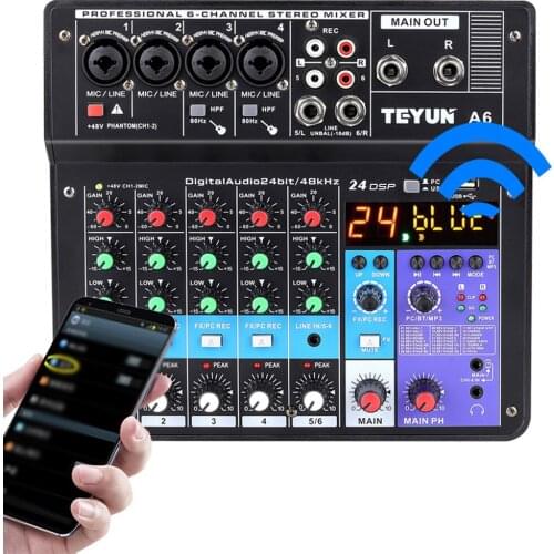 A6 6CH Protable Mini Mixer Audio Console with Sound Card USB Recording Singing Webcast Party Mixer Sound Machine