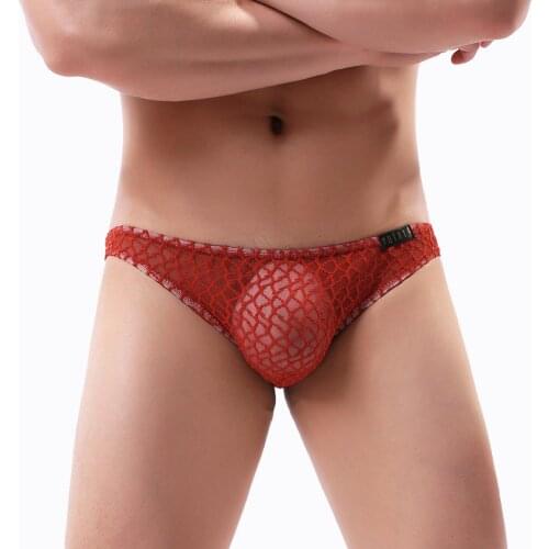 Sexy Mens Brief Breathable Ultra Thin Smooth Ice-Silk See Through Brief Summer Brief U Convex Pouch Lace Underwear Hombre