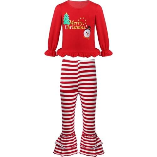 Spring Girls Christmas Clothes Set Long Ruffle Sleeve Hooded Sweatshirt and Flared Pants Kids Girls Tracksuit Fashion Sport Suit