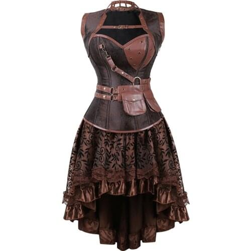 Steampunk Corset Dress Vintage Overbust Pirate Corsets and Bustiers with Skirt Party Halloween Costume Sexy Womens Gothic Brown