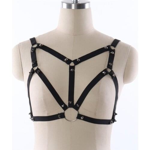 Harajuku Gothic Riveted Bra Harness Sexy Elastic Caged Top Body Bondage for Woman 90s Body Bondage Harness Large Size Bodysuit