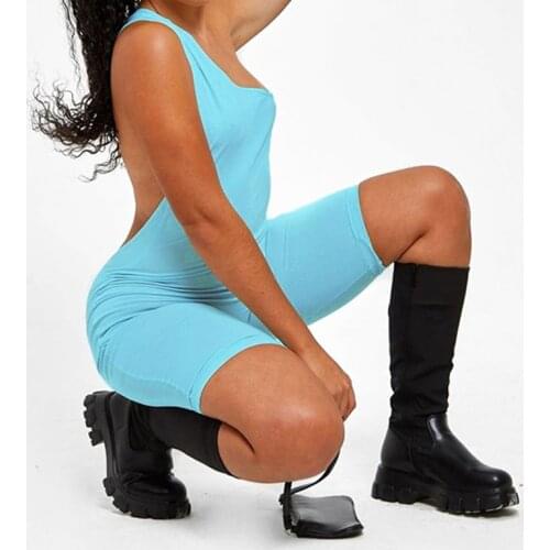 Blue&Black Solid Color Casual Sexy Skinny Bandage Rompers One Shoulder Hollow Out High Waist Womens Inclined Shoulder Playsuits