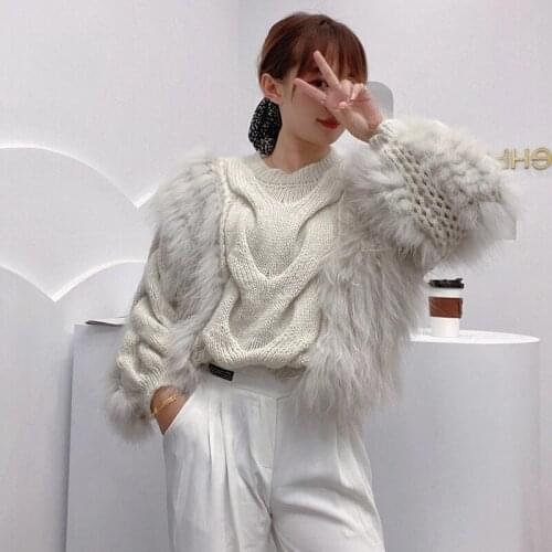2021 New Ladies Autumn New O-neck Womens Sweater Long Sleeve Knitted Pullover With Natural Raccoon Fur