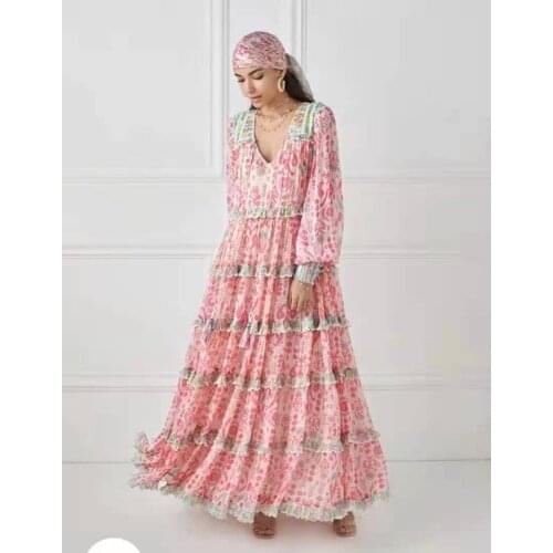 Runway New Long Sleeve Pink Printed V-neck Beaded Ruffles Holiday Long Dress Womens Dress 210904XF01