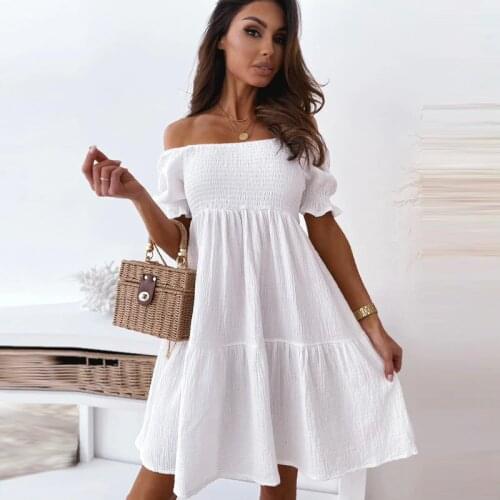 2021 Casual off shoulder Mini dress Summer Women Cotton Pure Color Slash neck Lantern Sleeve Party Ruffles Ladies dresses Femme