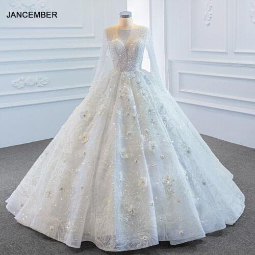 J67183 Jancember White Wedding Dresses 2020 O Neck Long Sleeve Pearl Sequined Beaded Flowers Vestidos De Noiva кружевное платье
