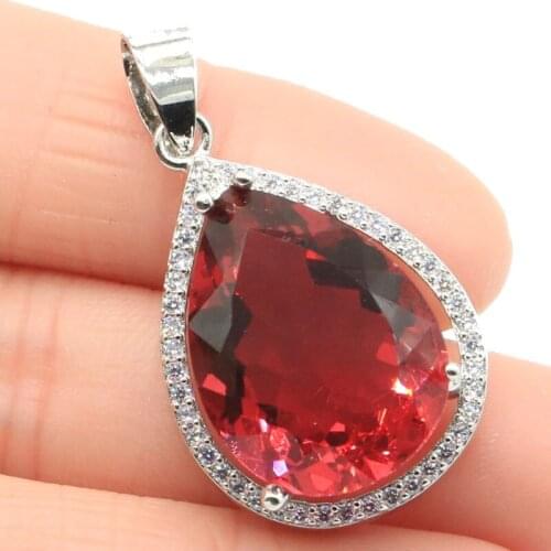 32x19mm Big European Design Drop 20x15mm Created Pink Tourmaline CZ Womans Bride Wedding Silver Earrings Pendant