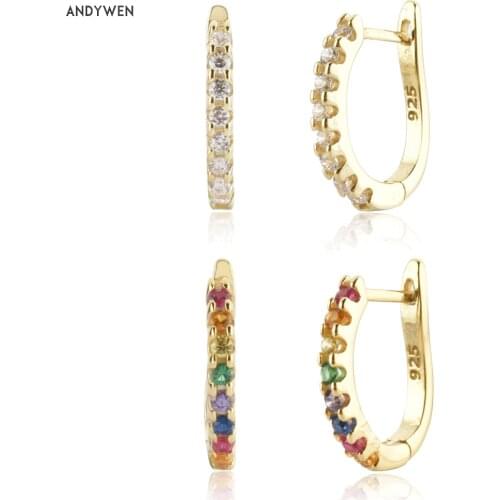 ANDYWEN 925 Sterling Silver Gold Rainbow CZ Hoops Circle Piercing Luxury Colorful Fine Jewelry Round Ovals Pendientes Clips