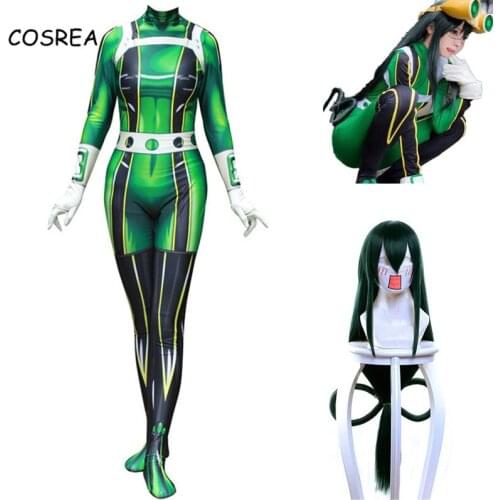 Anime My Boku no Hero Academia Asui Tsuyu Froppy Tsuyu Asui Zentai Bodysuit Suit Halloween Costumes Wig for Adults Women Kids