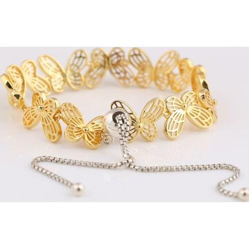 Authentic S925 Shine Openwork Butterflies Sliding Bracelet Bangle For Women Wedding fit Lady Fine Jewelry