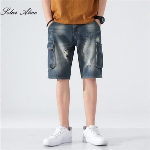Free Shipping 2021 Mens Summer New Mid-Waist Ripped Five-Point Jeans Straight Loose Plus Size Shorts
