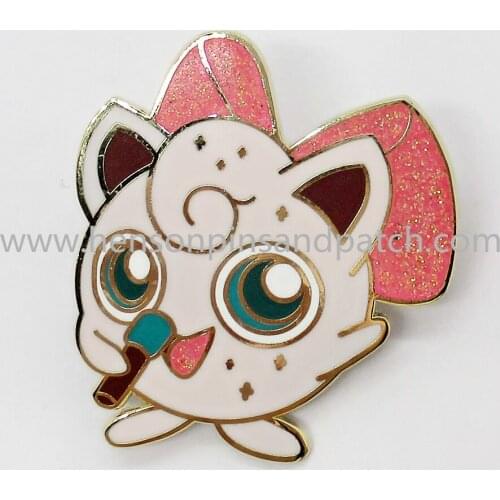 Custom high polish hard enamel pink cute cat pink bow metal glitter badge
