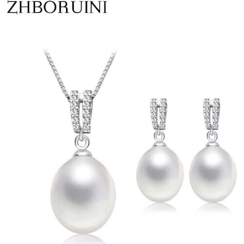 ZHBORUINI 2019 Pearl Jewelry Set Natural Freshwater Pearl Necklace Drop Earrings Zircon 925 Sterling Silver Jewelry For Women