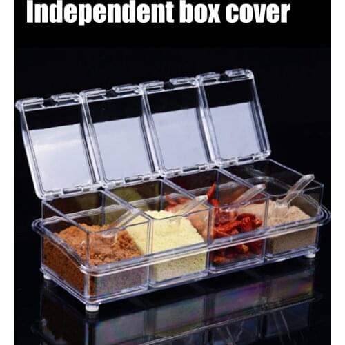 4 Compartments Seasoning Box Seasoning Rack Spice Pots Storage Container Condiment Jars Clear Cruet With Cover And Spoon