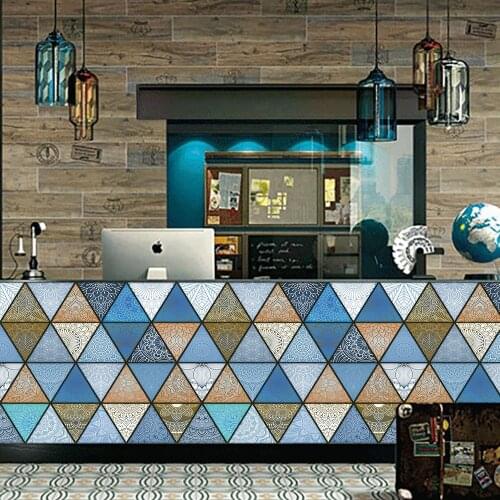 Colorful Retro Triangles Strip Tiles Wall Stickers Bathroom Kitchen Wardrobe Table Decoration Wallpaper Waterproof PVC Art Mural