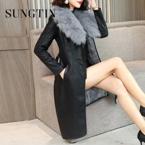 Sungtin Pu Leather Long Sleeve Winter Jacket and Coat for Women Fur Collar Faux Leather Jacket Korean Soft Plush Lining Warm