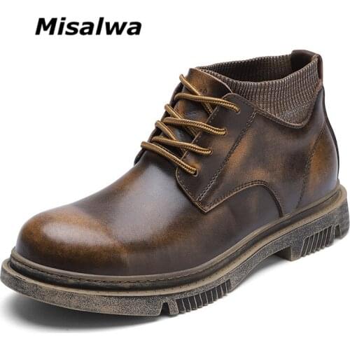 Misalwa Short Men Leather Boots Brushed Retro Color Winter fur / Spring Casual Boots for Men Round Toe Safety Boots Work Shoes