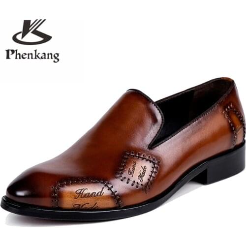 Men leather shoes business dress suit shoes men brand Bullock genuine leather black slipon wedding mens shoes Phenkang 2020