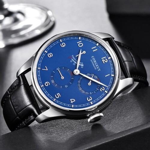 Corgeut 42mm Mens Watch Power Reserve Fashtion Blue Dial Automatic Mechanical Date Waterproof 316L Stainless Steel
