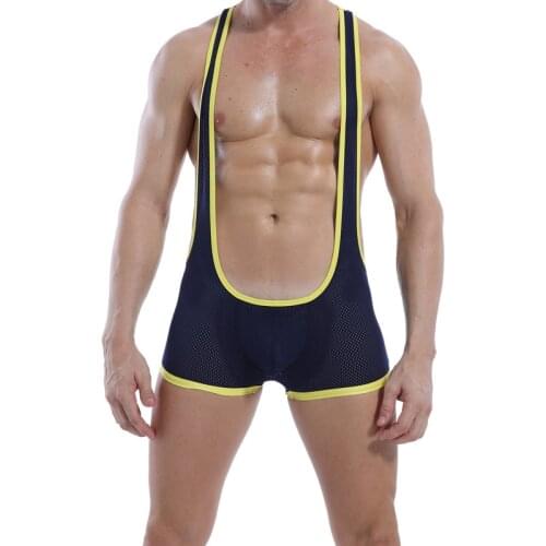 Sexy Lingerie Mesh Bodysuit Shorts Mens Backless One Piece Jumpsuit Wrestling Jockstrap Briefs Male Bondage Open Butt Underwear