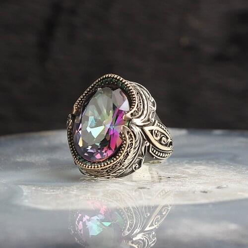Real Sterling Silver Ring with Natural Mystic Topaz or Onyx or Turquoise Gemstone Silver Women Ring Silver Men Ring Gifts