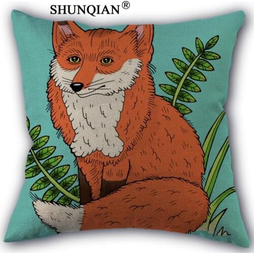 Fox Pillowcase Custom Cotton Linen Square Decorative Pillow Cases Cover Zippered 45x45cm one side
