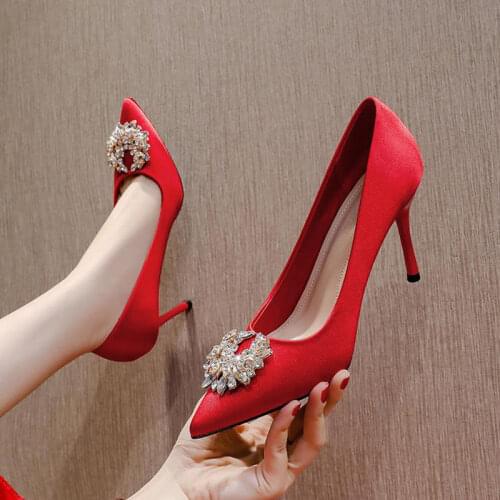 2021 New Satin Bridesmaid Thin High Heels with Water Drill Pointed Toe Plus Size Shoes 41 42 43
