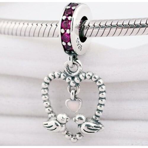 Original Cute Love Birds With Pink Love Heart Pendant Beads Fit 925 Sterling Silver Bead Charm Bracelet Diy Jewelry
