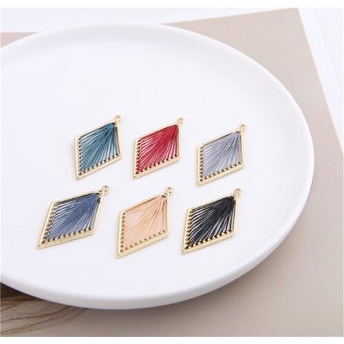 Julie Wang 5PCS Hand-knitted Charms With Cotton Thread Alloy Leaf Rhombus Drop Shape Bracelet Earring Jewelry Making Accessory
