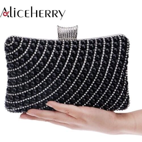 Handmade Women Clutch Bags Chain Shoulder Pearl Crystal Day Clutch Gold/silver/black Party Wedding Handbags Evening Makeup Bag