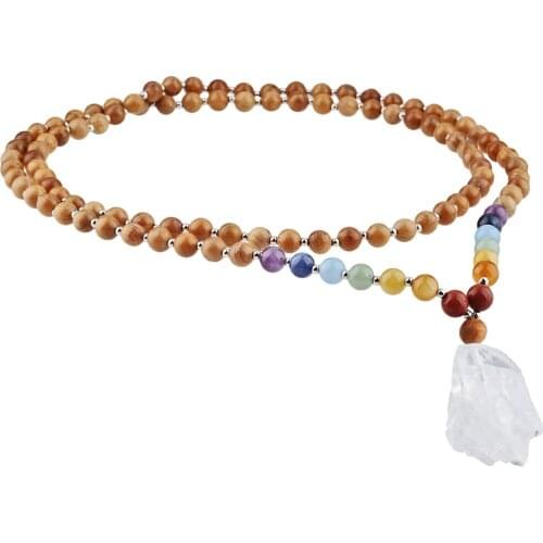 SUNYIK 8mm 7 Chakra Stone Mala Necklace Irregular Amethyst Pendant Yew Wood Beads Loose Spacer Beads Women Necklace