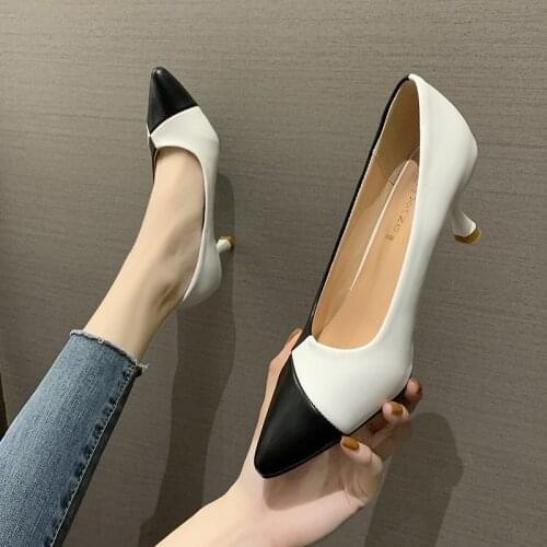 Sexy High Heels Pumps Patchwork Dress Shoes Black White 2020 Autumn Spring New Fashion Shoes Pointed Toe Ladies Shoes 8454G